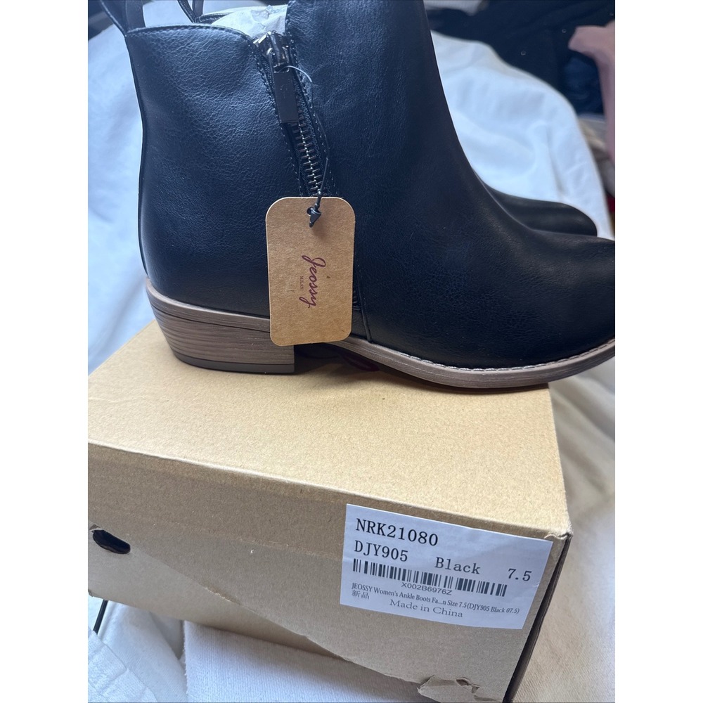 JEOSSY Women's Black Faux Leather Ankle Boots Side Zip Block Heel Size 7.5‎
